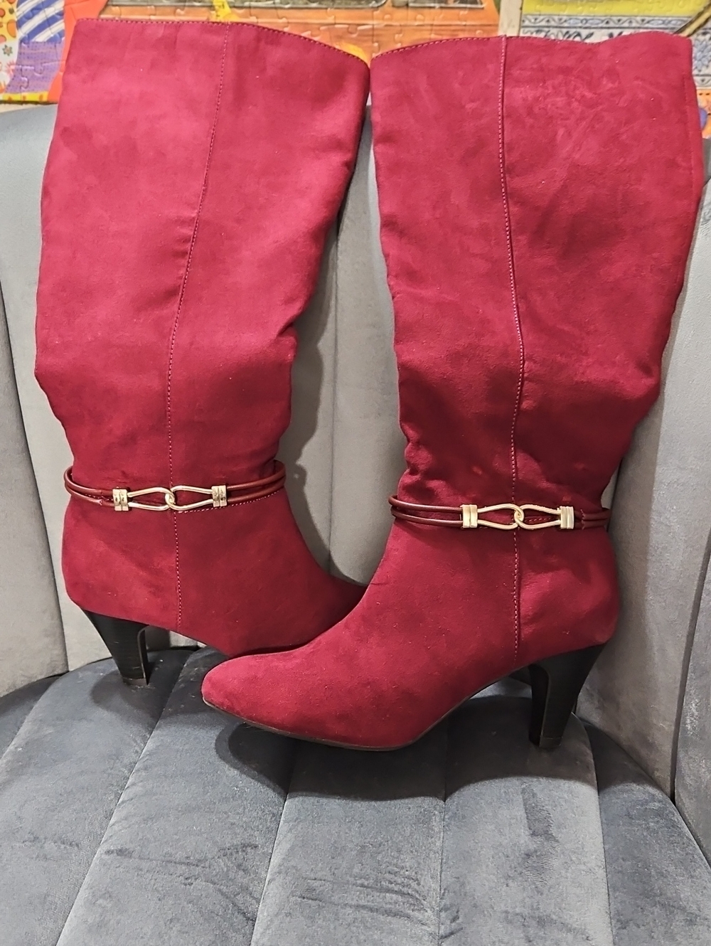Karen Scott Crimson Mid-Calf Heeled Boots with Gold Accent